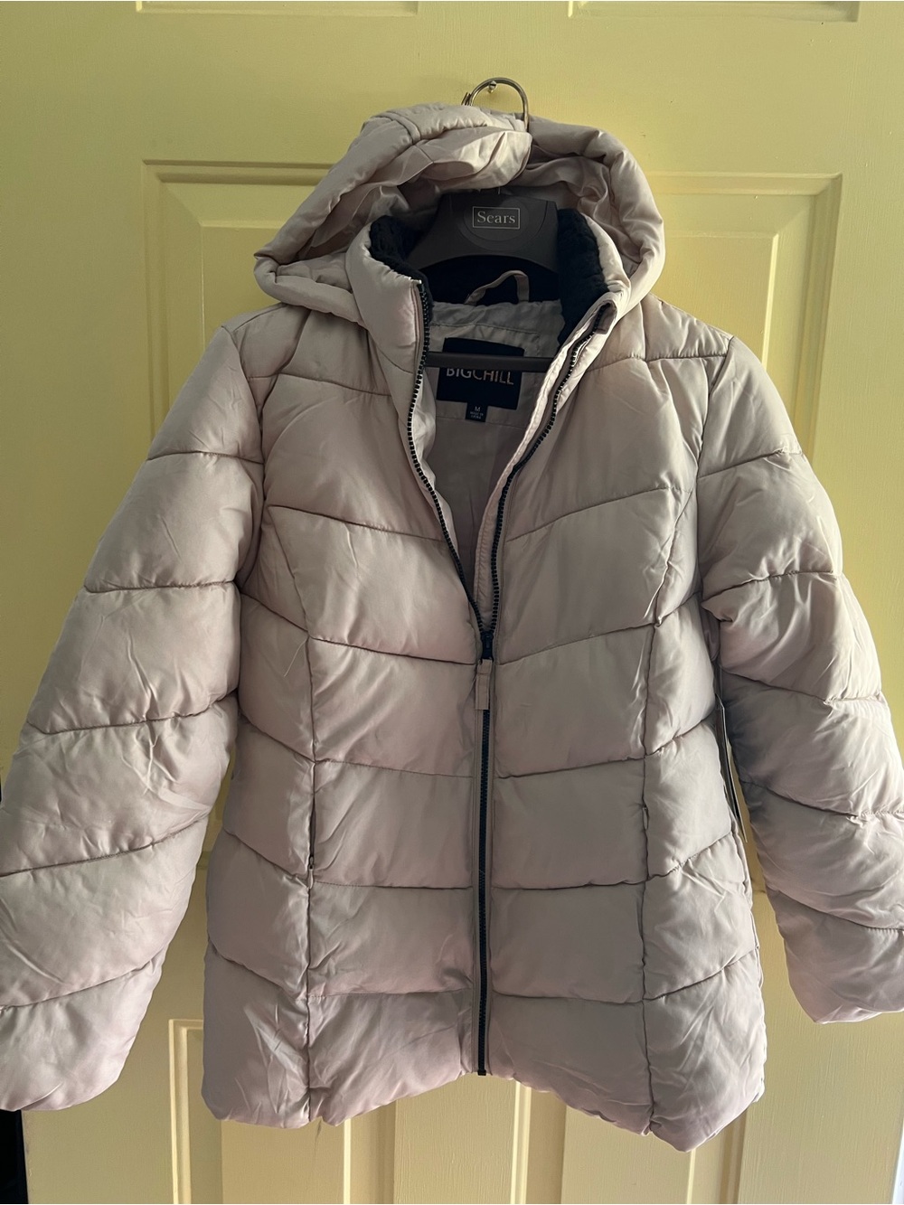 Big Chill Women’s Medium Hooded Puffer Jacket Beige Sherpa Collar Zip Pockets